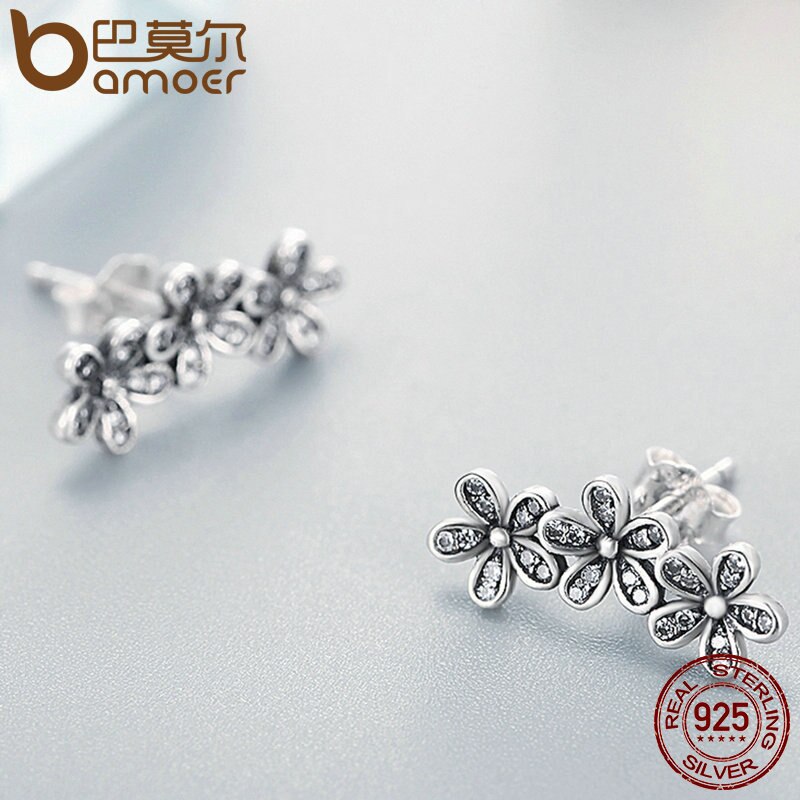 BAMOER Authentic 925 Sterling Silver Stackable Dazzling Daisies, Clear CZ Stud Earrings for Women Fine Jewelry Bijoux PAS506