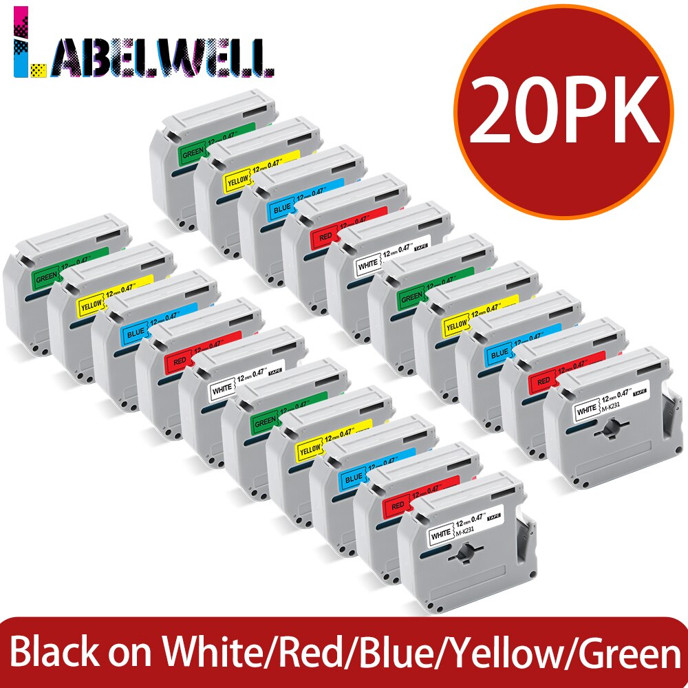 Labelwell 20PK M-K231 MK-231 MK231 431 531 631 Compatible for Brother MK 231 P-touch PT-80 PT-70 PT-60 PT-45M PT-100 Label maker: 5Mixed Color-20PK