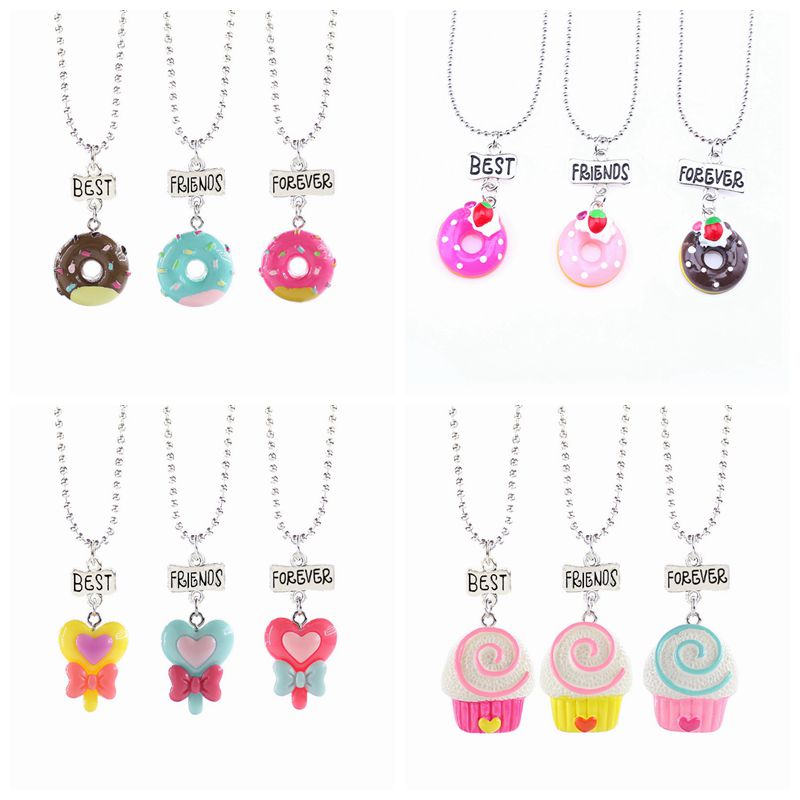 1set(3PCS) Soft Ceramic Doughnut Best Friends Pendant Necklace Cake Girl BFF Necklace Children Jewelry , N-829