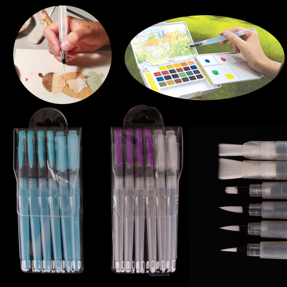 Juego de pinceles de agua de grifo de cabeza plana + redonda para niños, pluma de ropa segura y no sucia para pintar y Aprender caligrafía, 6 piezas