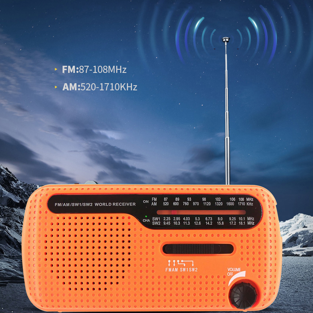 Solar Hand Crank Radio Portable AM/FM Radio with LED Flashlight for Outdoor: Orange