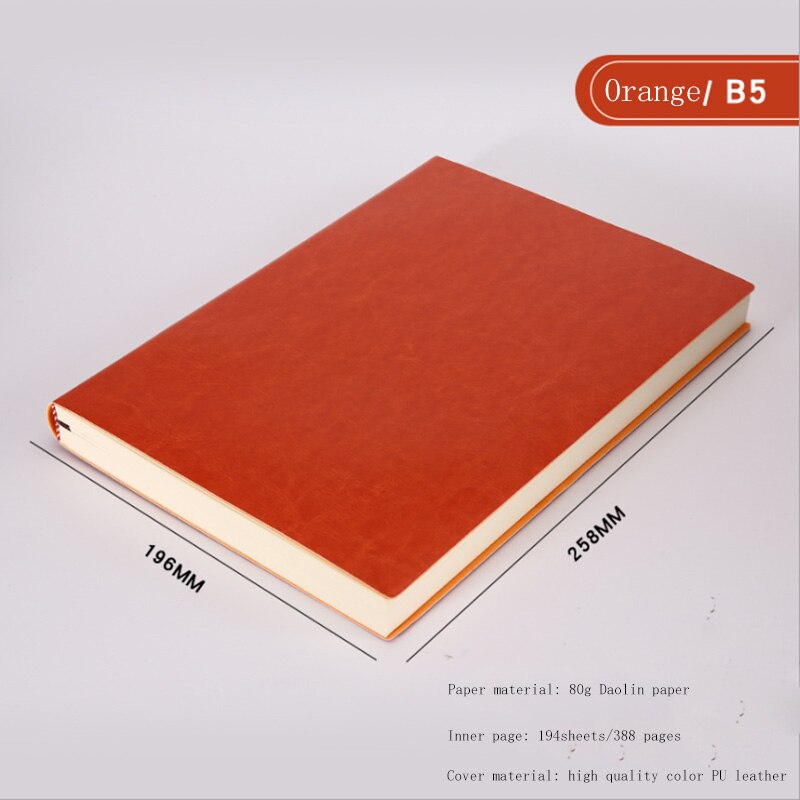 Soft Business Leather Diary Notebook A6 A5 B5 PU Travelers Journal Thicken School Office Meeting Record Notepad Handbook: B5 Orange