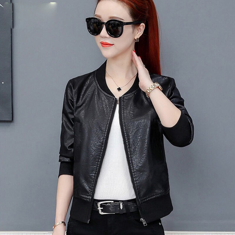Vangull Spring Leather Jacket Women Black Color Mandarin Collar Zippers Short Female Faux Leather Jackets