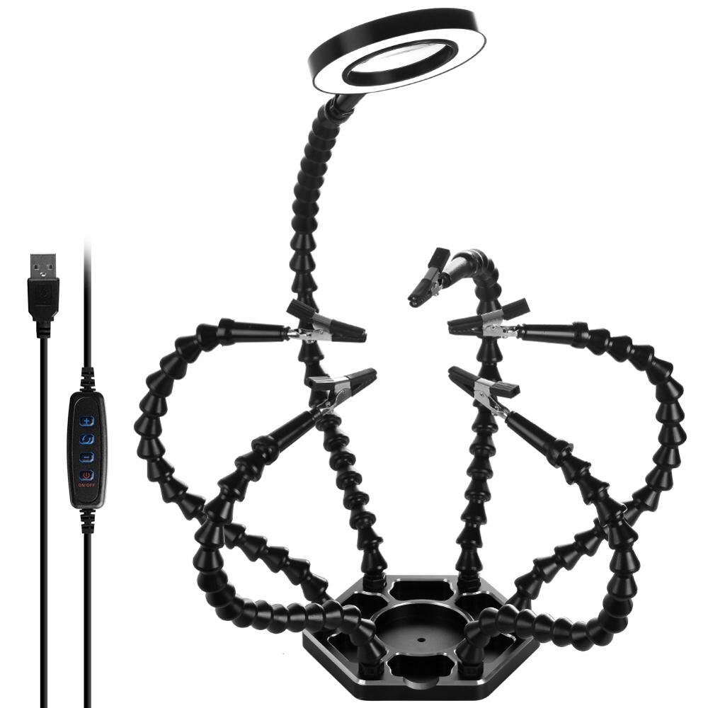 Toolour Helping Hands Third Arm Soldering Work Station 6 Flexible Arms with Precision 360 Degree Alligator Clip USB 3X Magnifier: N-SS6L-BK9