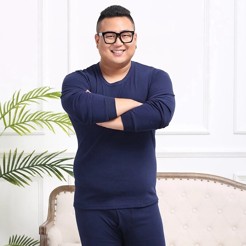 Large Size 6XL 7XL 8XL Winter Men warm 100% cotton underwear Thermal Leggings sets tops and pants elasticity Stretch Bottoms 54: Navy Blue / 7XL-135-160KG