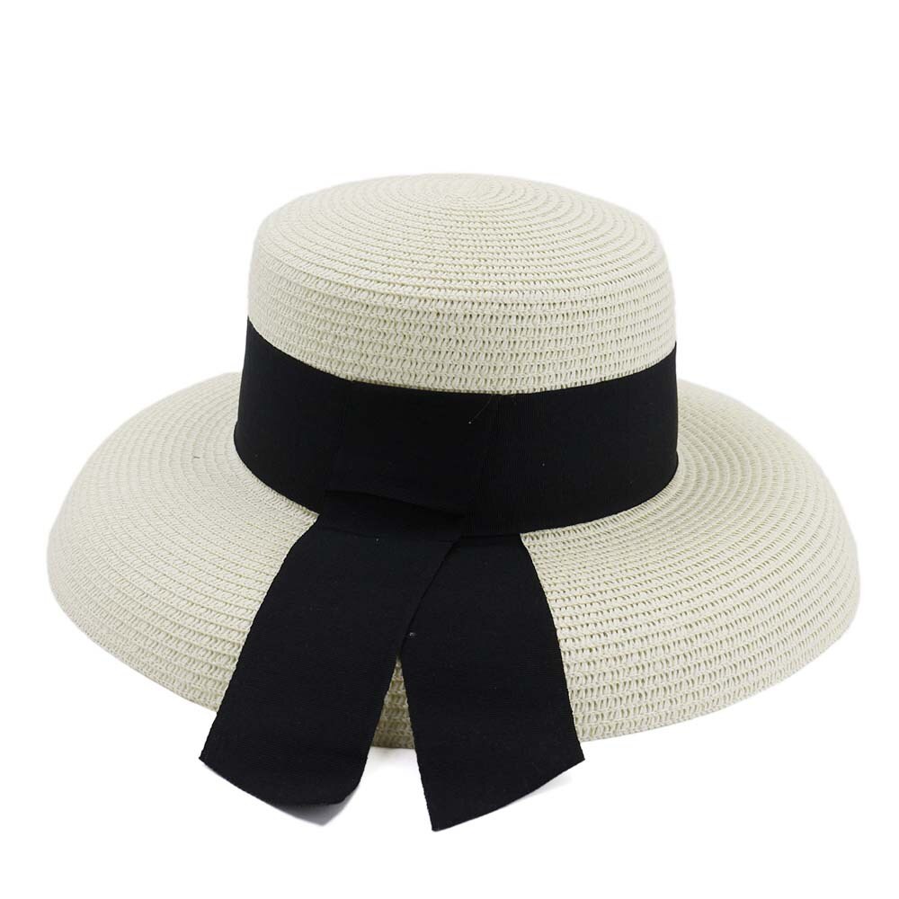 Zomer Stro Hepburn Stijl Grote Dakranden Vrouwelijke Outdoor Reizen Strand Seaside Zonnehoed Zonnehoed Mode Hoed Met lint: WHITE
