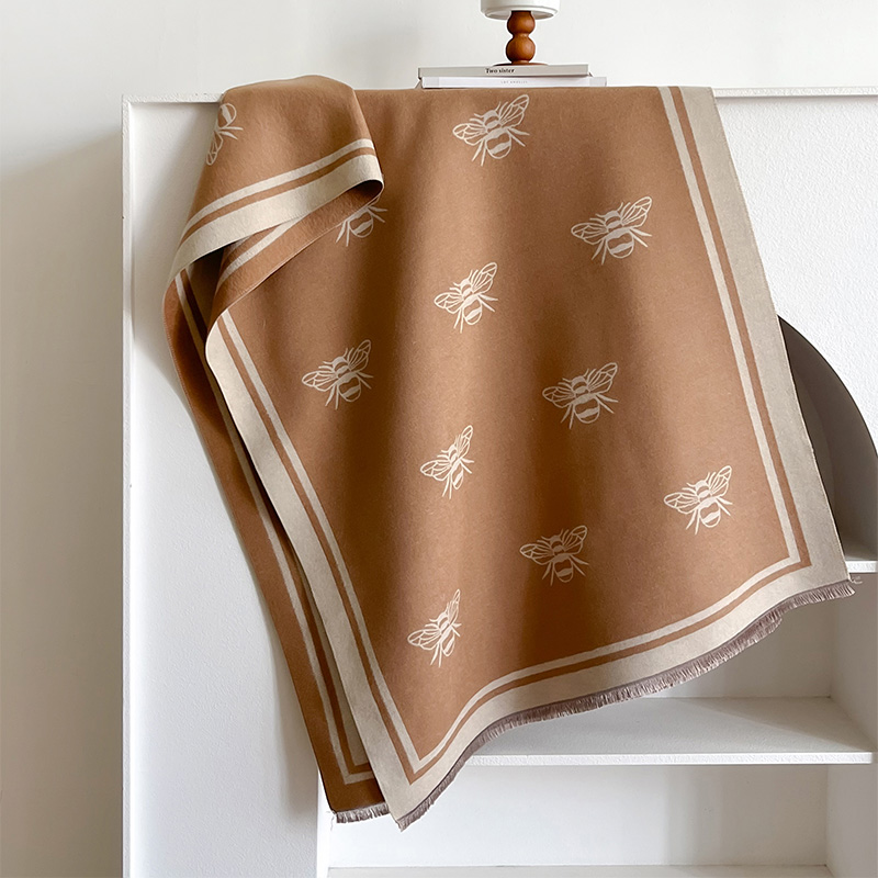 Luxo marca de dois lados abelhas lenço, imitação de caxemira, macio, quente, franja, pashmina, xale, inverno, coldproof, à prova de vento, cobertor: Caqui