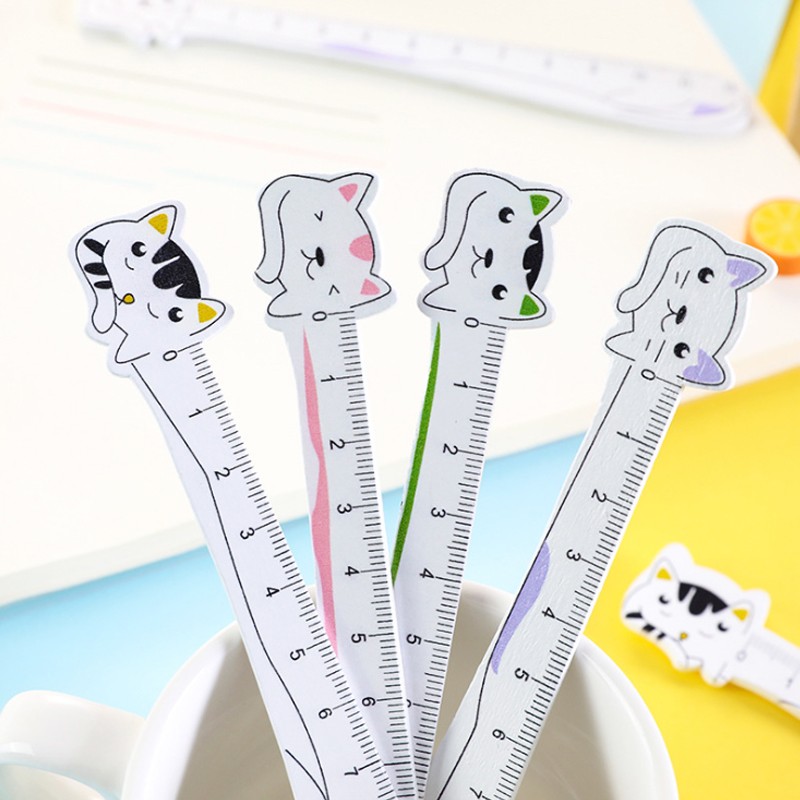 1Pcs Wooden Ruler Cartoon cat painting measuring Stationery Straight Rulers green purple Black pink 12CM