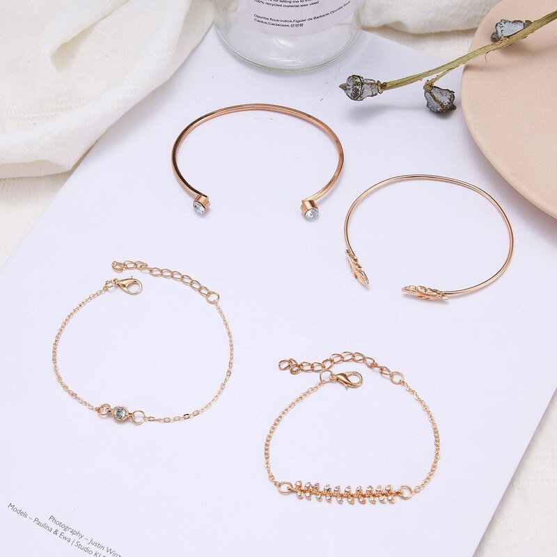 4 Pcs/set Women's Crystal Leaves Geometric Chain Gold Bracelet Set Bohemian Vintage Jewelry Whole