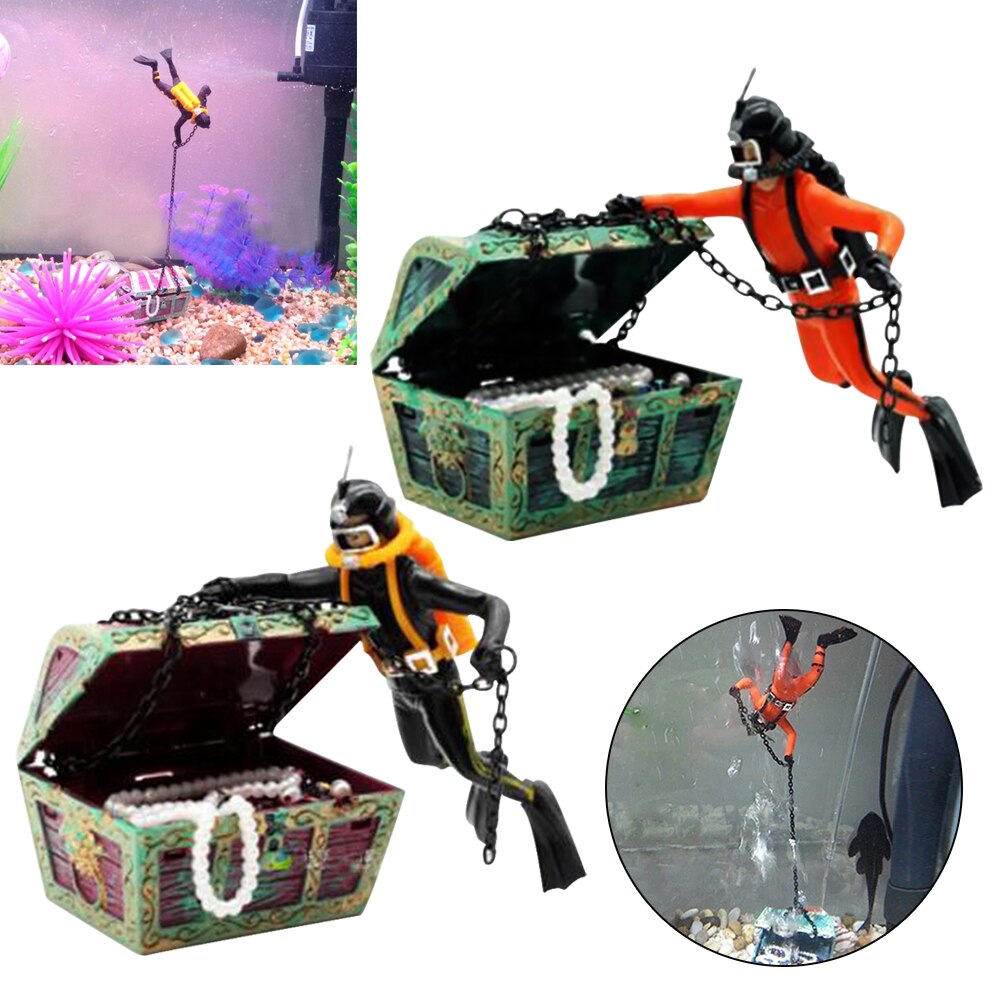 1Pc Aquarium Diver Treasure Action Chest Ornament for Fish Tank Air Au Hunter Underwater Landscape Ornaments