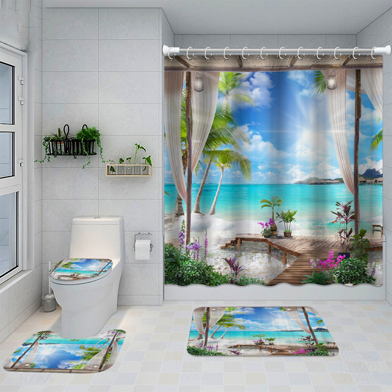 Decorazioni per la casa Set da bagno impermeabile per tende da doccia con 12 ganci copriwater tappetini da bagno tappeto antiscivolo per bagno tappeto in poliestere: 4pc- Full Set