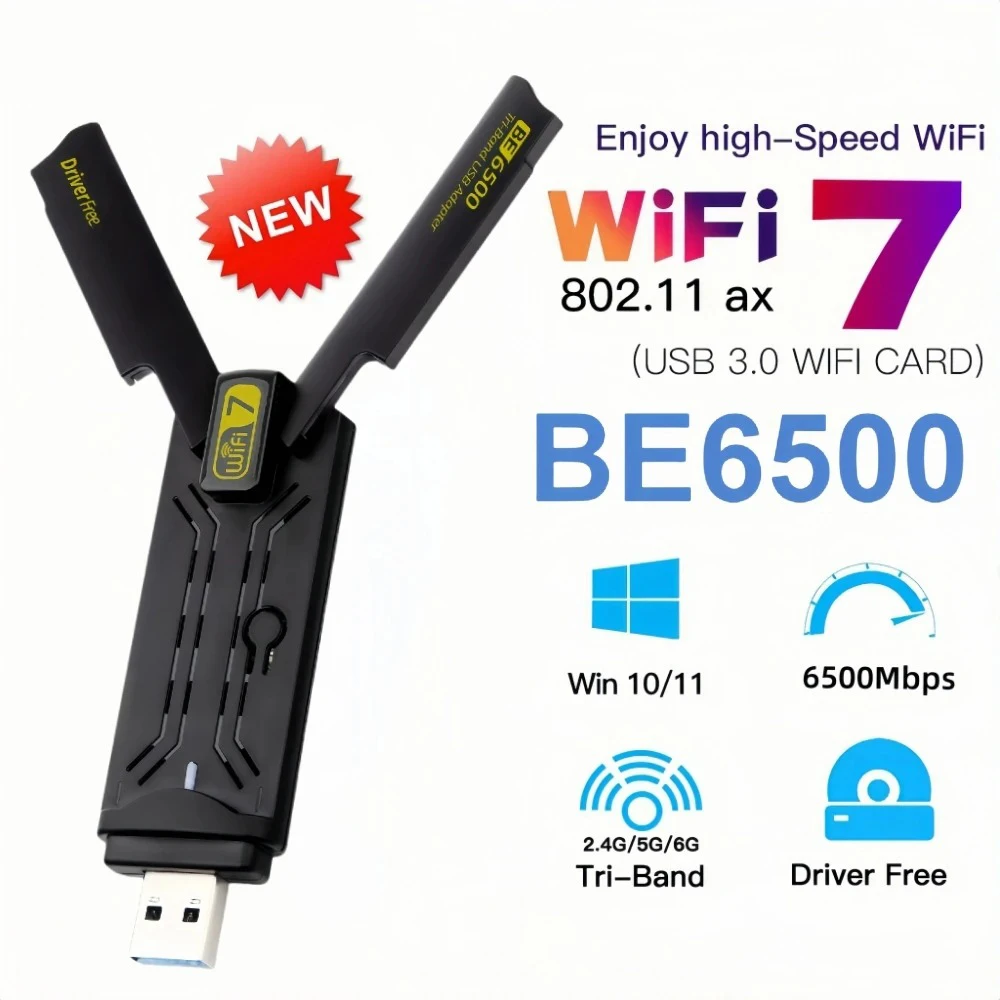 Adattatore USB 3.0 WiFi 7 Scheda di rete wireless 6500Mbps Ricevitore Wi-Fi Tri Band 2.4G e 5G e 6G Adattatore Ethernet WiFi per Win10/11: Black