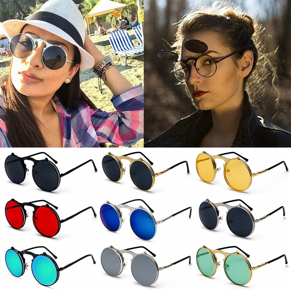 1 PC Vintage Punk Round Flip Up Sunglasses for Men Women Steampunk Driving Sunglasses Summer UV Protection Eyewear