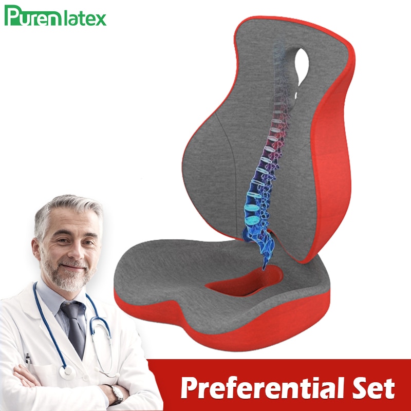 Purenlatex Chair Cushion Set Memory Foam Seat Cushion Lumbar Support Orthopedic Pillow Protect Coccyx Relieve Back Pain Car Seat
