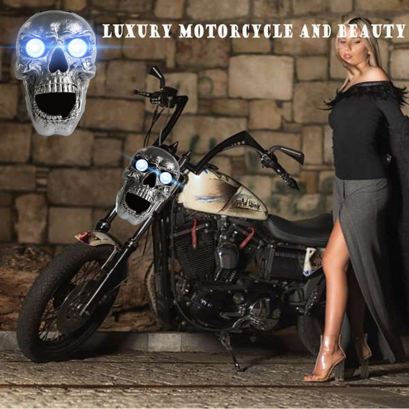 Motorcycle Skull Headlight Universal Custom LED Heada Light Resin Skull HeadlLamp Halloween Motorcycle Decorative Lights