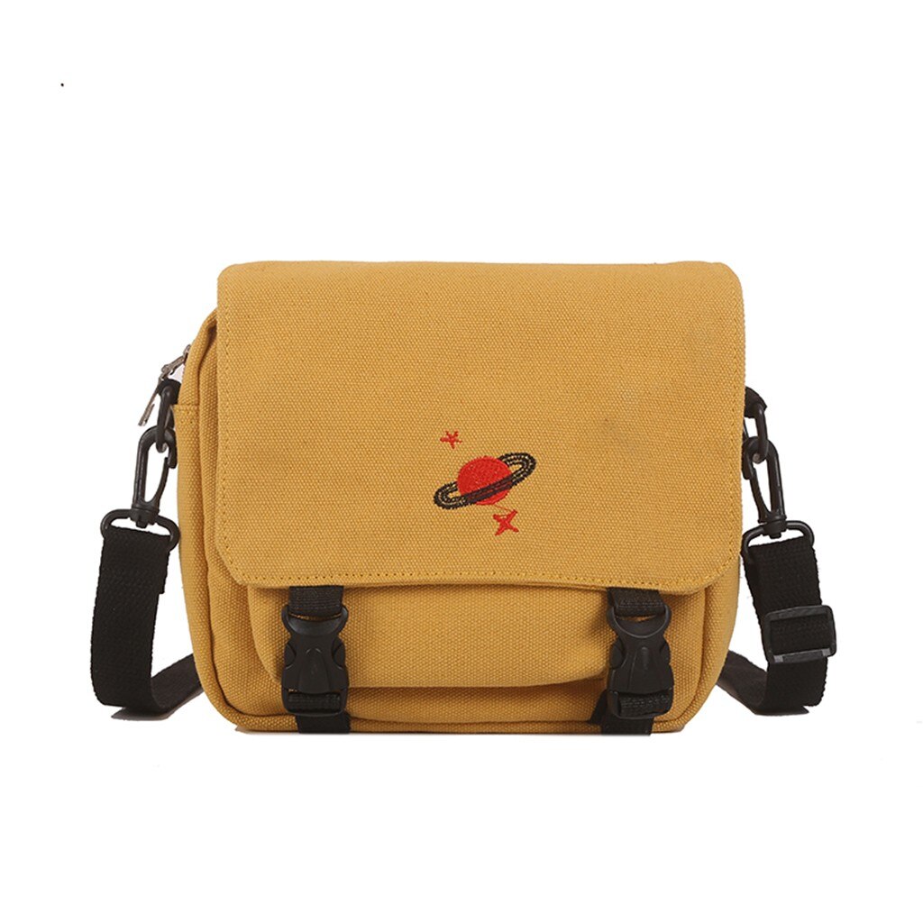 Women's Embroidered Canvas Handbag Buckle Cartoon Shoulder Bag Simple Phone Bag: Yellow 