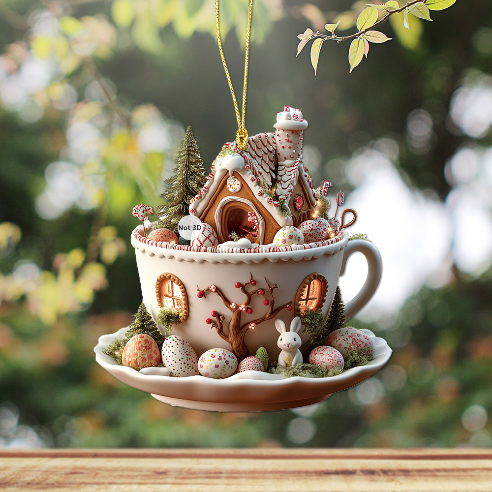 Adornos de taza de café de Pascua, casa de huevos de conejito de dibujos animados, tazas de café decorativas, adornos acrílicos 2D, suministros para de primavera 2025,: Gris claro