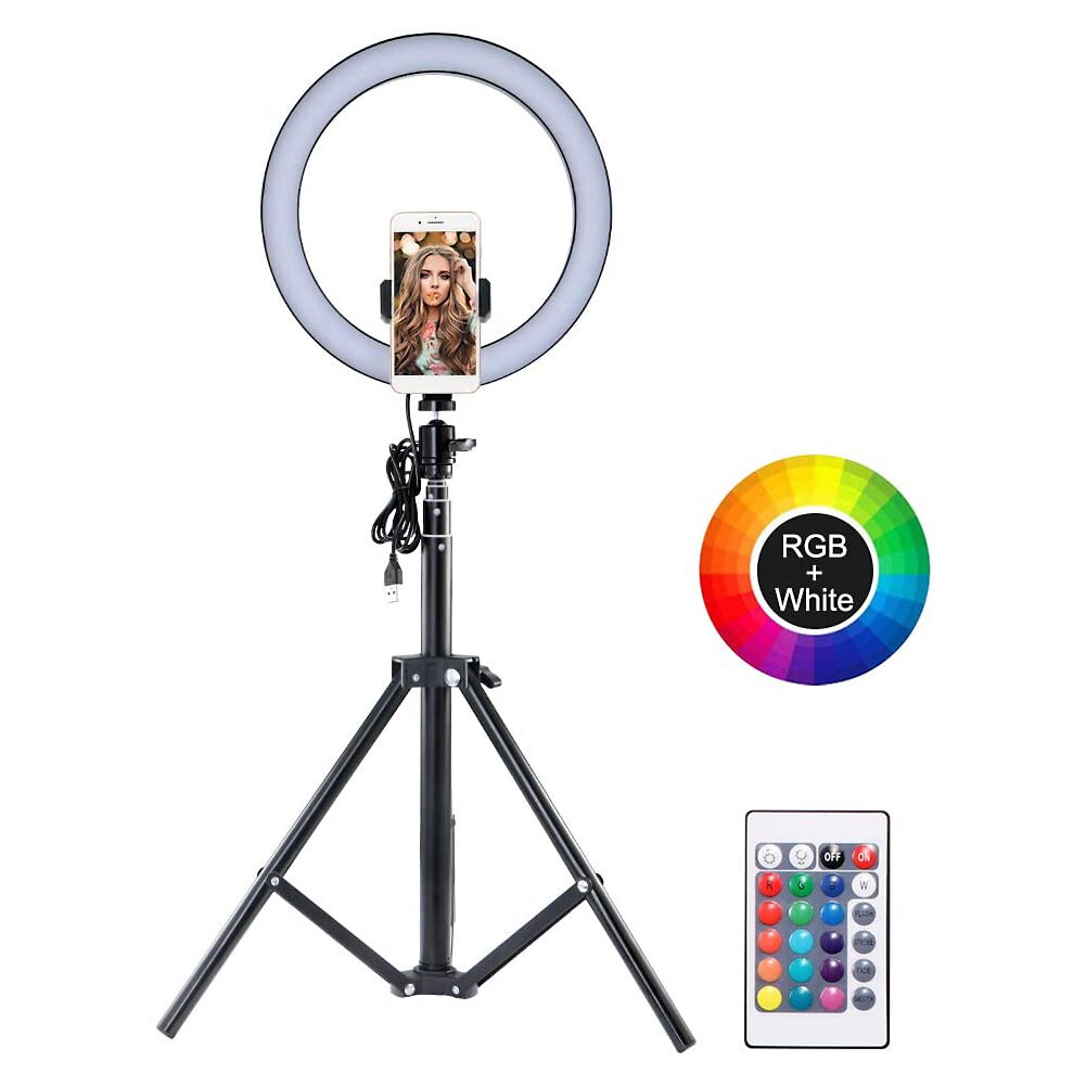 10 pouces 26cm rvb LED Selfie anneau lumière + 1.6m support de sol USB téléphone vidéo Photo lumière avec trépied en alliage d'aluminium évolutif