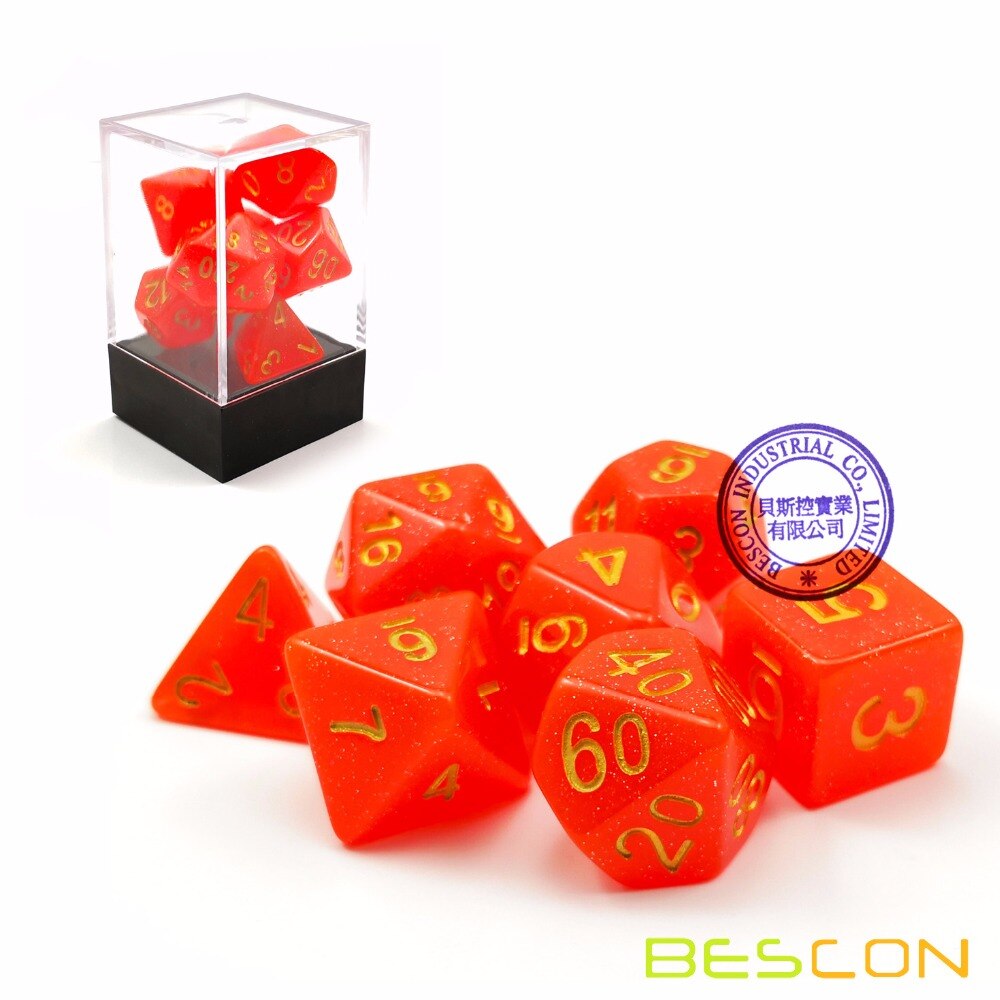 Bescon Intensieve Glitter Dnd Dobbelstenen 7 Pcs Set Royal Rood, Glitter Rpg Dobbelstenen Set D4 D6 D8 D10 D12 D20 D %, Bakstenen Doos Verpakking