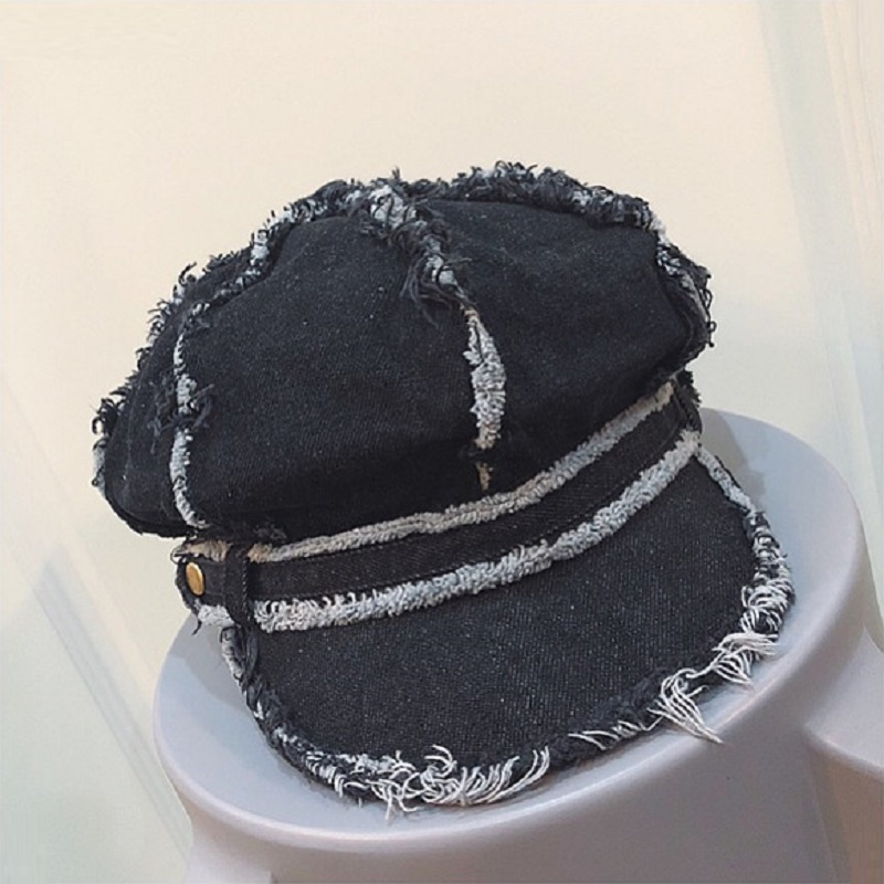 Spring and Autumn Fringed Retro Denim Octagonal Hat with Band Vintage Distressed Peaked Newsboy Cap for Women Tassel Baker Boy