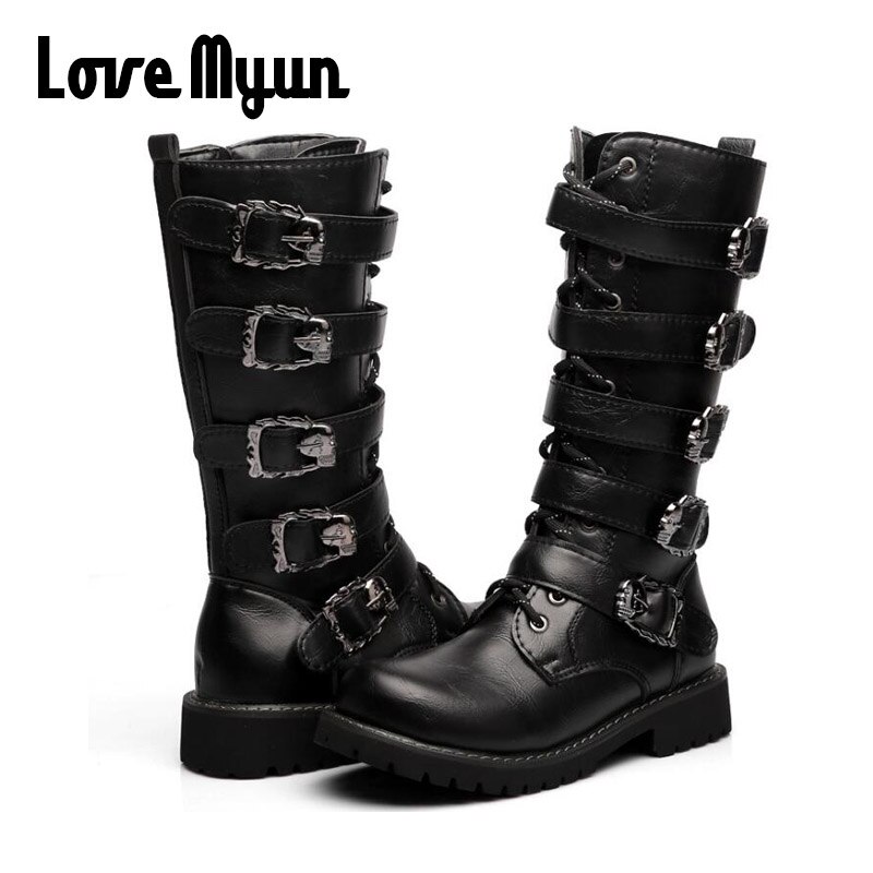 Män motocross stövlar motorcykel skor pu läder rock mid-calf spänne motorcykel stövlar punk skor motorcykel stövlar oo -79