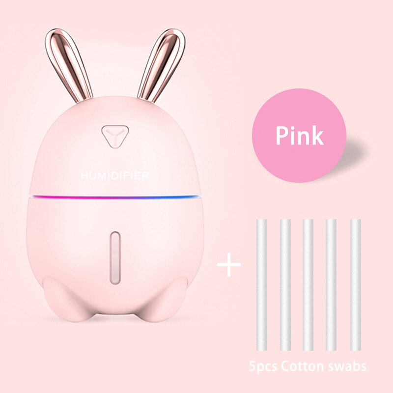 Car Humidifier 300ML Cute Rabbit USB Aroma Essential Ultra-Silent LED Night Lamp Air Purifier Mist Maker Air Fresher For car: Pink and 5 filters