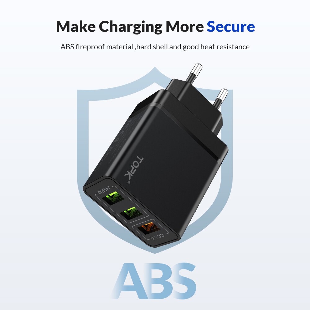 TOPK B348Q USB Quick Charge 3.0 With 3 Ports EU Wall Charger Fast Charging For iPhone Samsung Xiaomi