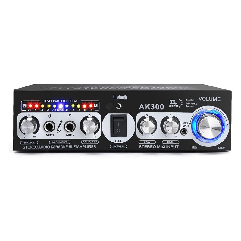 -AK300 200W+200W Audio Power Amplifier, 2 Mic Input Bluetooth 5.0 Hi-Fi Stereo Karaoke Digital Audio Receiver(EU Plug)