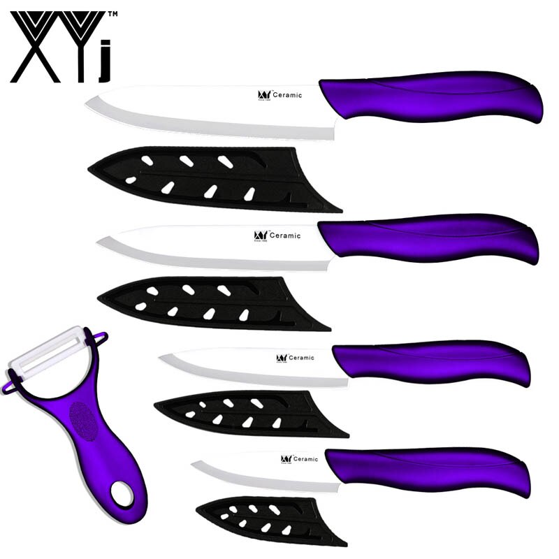 XYj-Juego de cuchillos de cerámica, herramientas de cocina, pelador, multiopciones, mango de Color, utilidad para cortar Chef, 5 uds.: Purple H White B