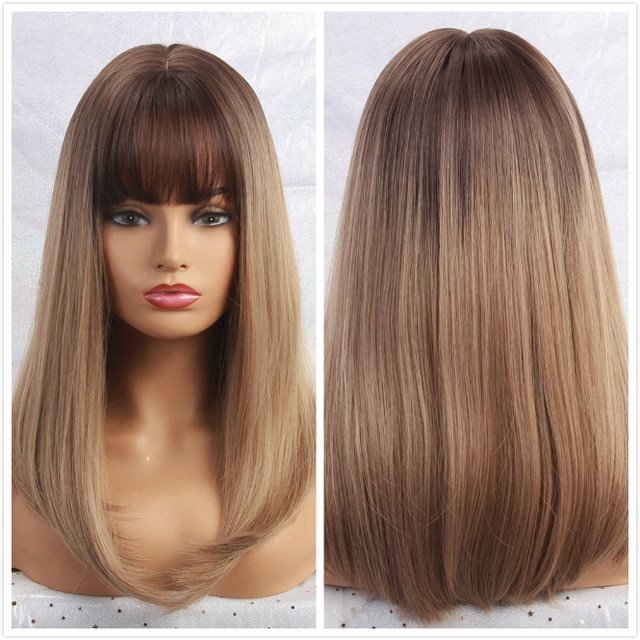 EASIHAIR Long Brown Ombre Straight Wigs with Bangs Synthetic Wigs for Women Daily Natural Hair Wigs Heat Resistant Cute Cosplay: LC201-3