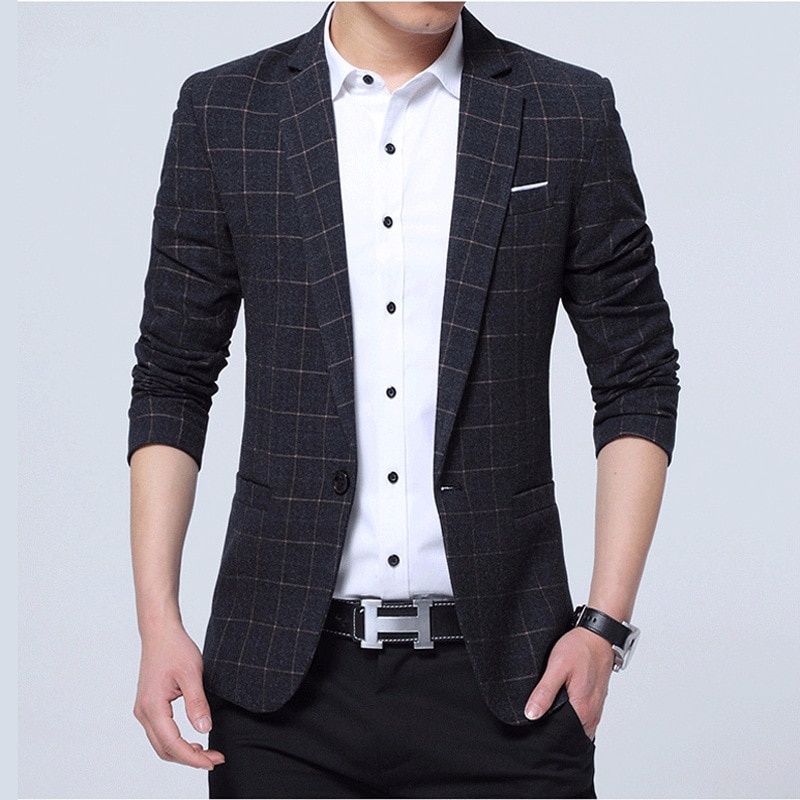 Men's Casual Suit Slim Business Jacket Men Casual Single Button Mens Suits Blazer Coat: Black grey / M