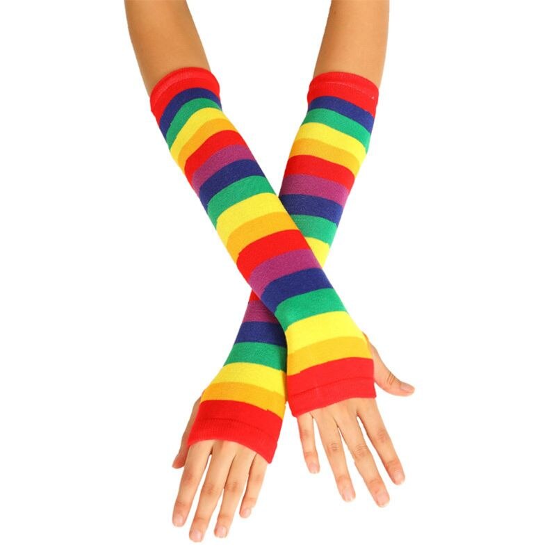 Women Girl Knitted Over Elbow Long Arm Warmers US Flag Rainbow Stripes Patchwork Fingerless Gloves with Thumb Hole Party Costume