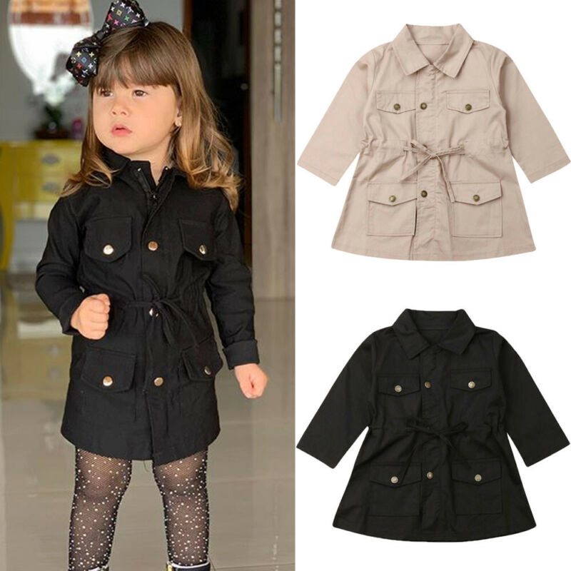 Gabardina Safari con bolsillo y cordón para bebé, traje de manga larga con cuello vuelto y botones, ropa de otoño para niñas pequeñas con solapa de doble botonadura