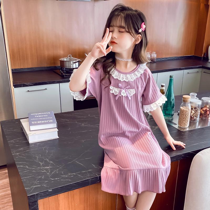 Camisón de algodón suave con lazo para niñas y niños, ropa de dormir para el hogar, albornoz de noche, Verano: 5
