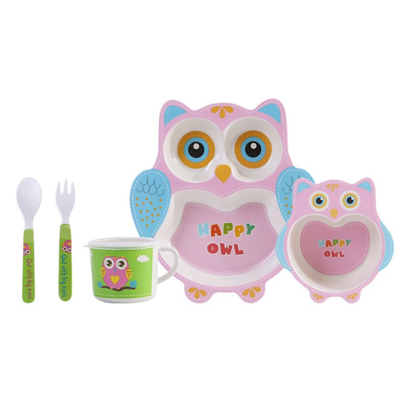 Vaisselle bébé belle bande dessinée enfants alimentation plats enfants plat bambou Fiber vaisselle ensemble avec bol fourchette tasse cuillère plaque 5 pièces: Owl Set