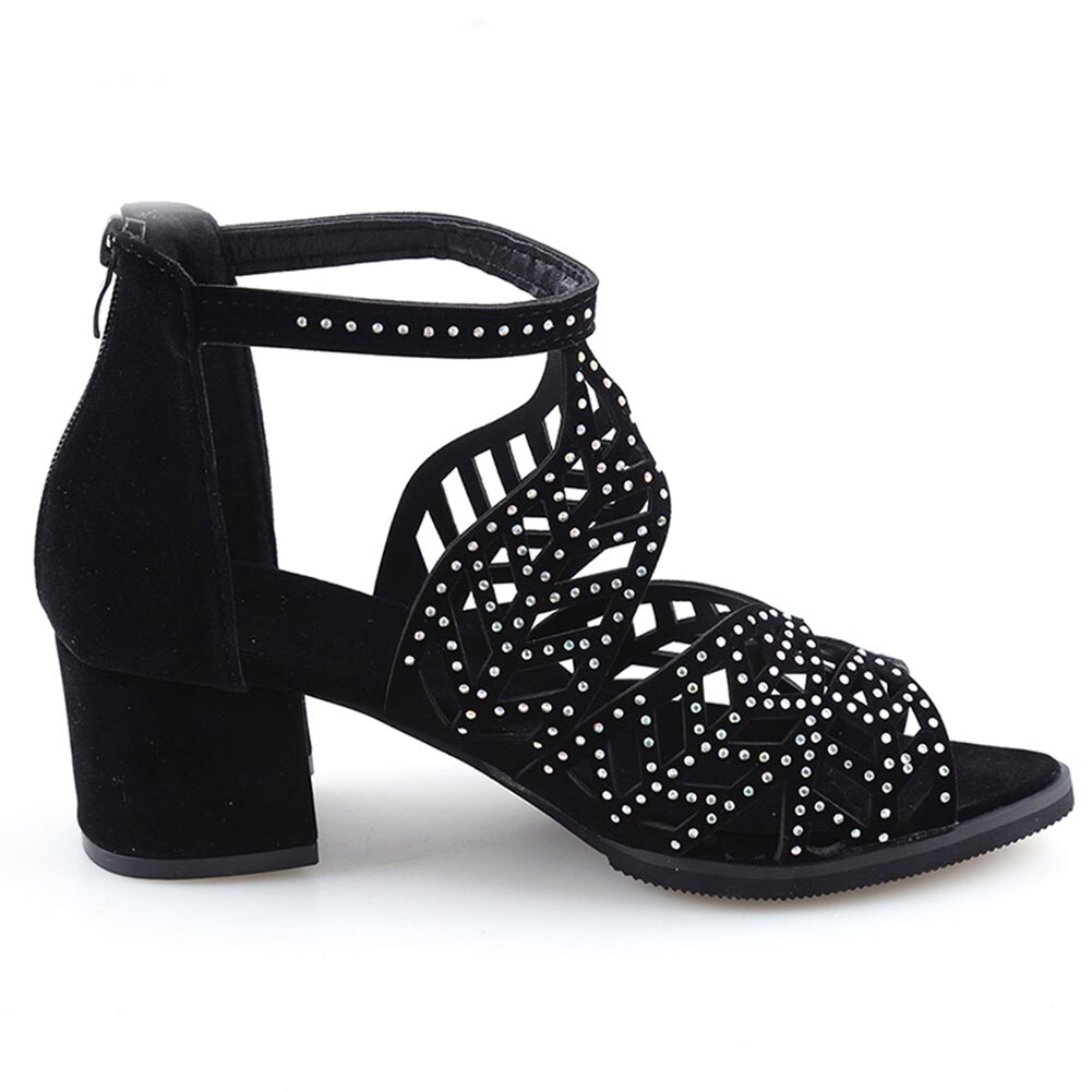 neue Stil Frauen Sommer Aushöhlen Faux Leder Strass Starke Ferse Reißverschluss Sandalen Schuhe Eur