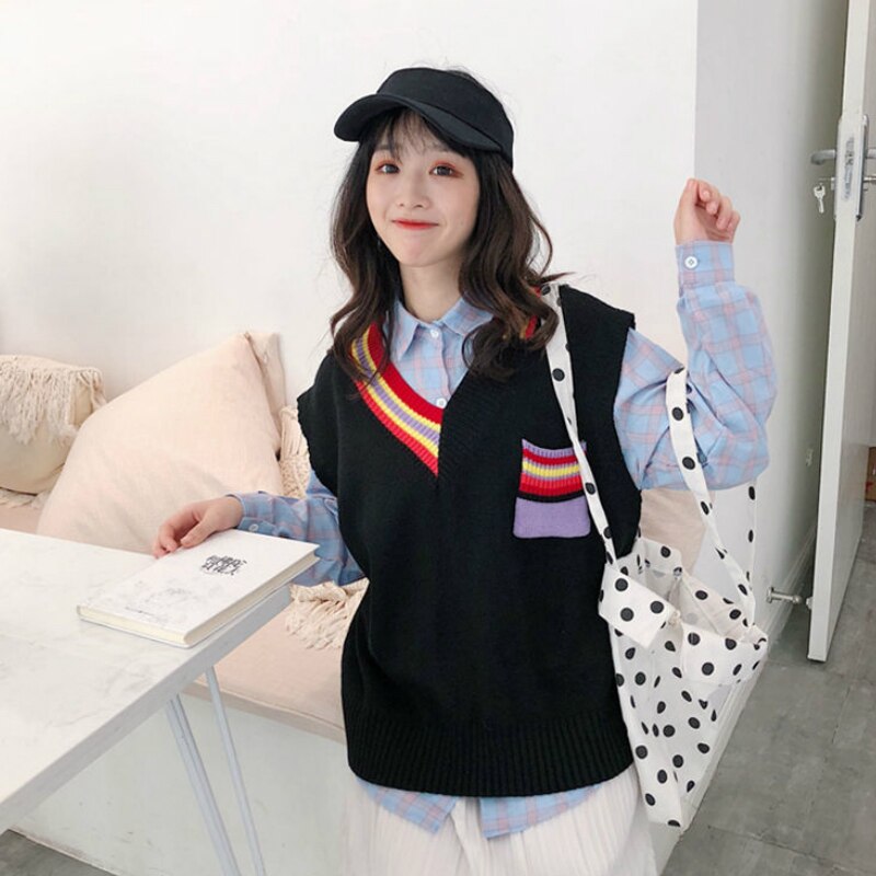 Pull gilet femmes printemps Patchwork poche col en v Kawaii coréen Preppy Style femmes gilet sans manches Chic doux