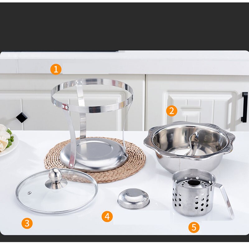 Two-flavours hotpot with divider glass lid set 17cm Stainless steel buffet heat pots alcohol stove chafing dish outdoors cook