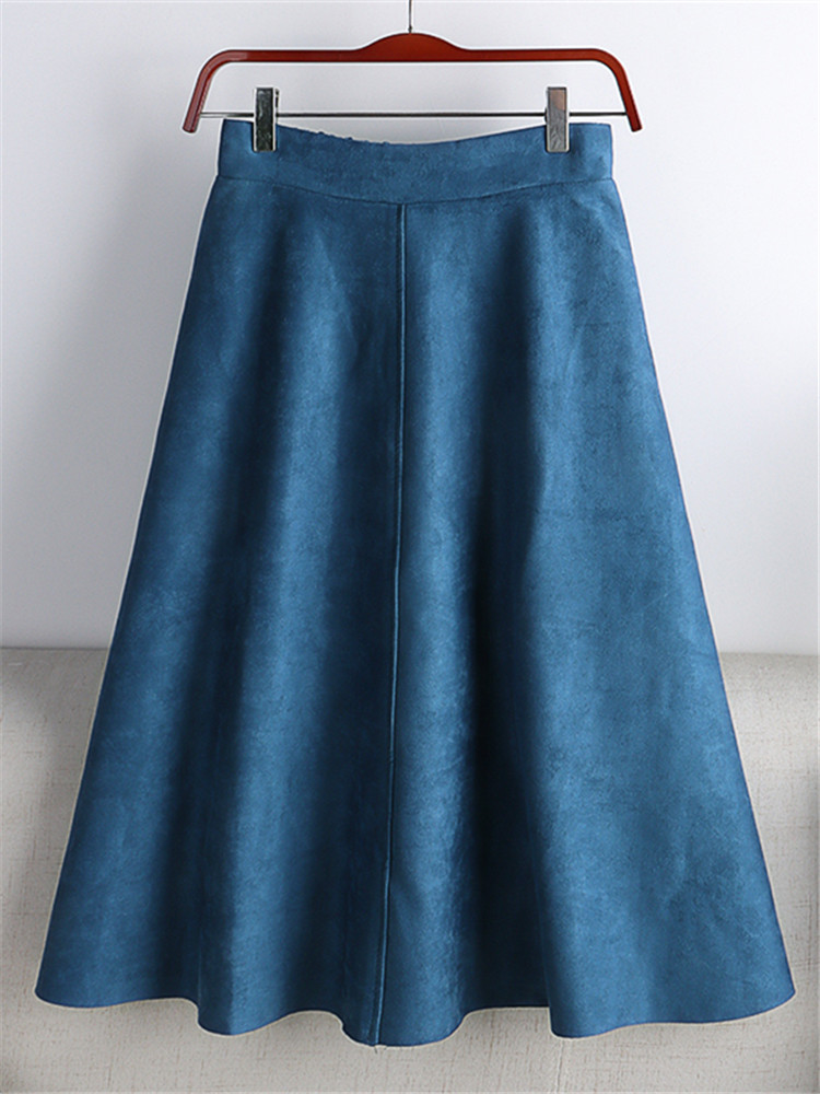 REALEFT 2023 Otoño Invierno mujeres gamuza Midi faldas de cintura alta multicolor A-Line faldas paraguas señoras falda femenina: Azul