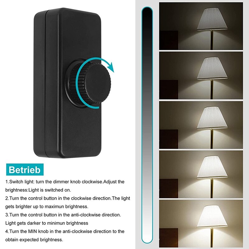 Inline LED Dimmer Switch, Built-In Rotary ON/OFF And Knob Control Dimmer For Dimmable 3-100W LED/Incandescent