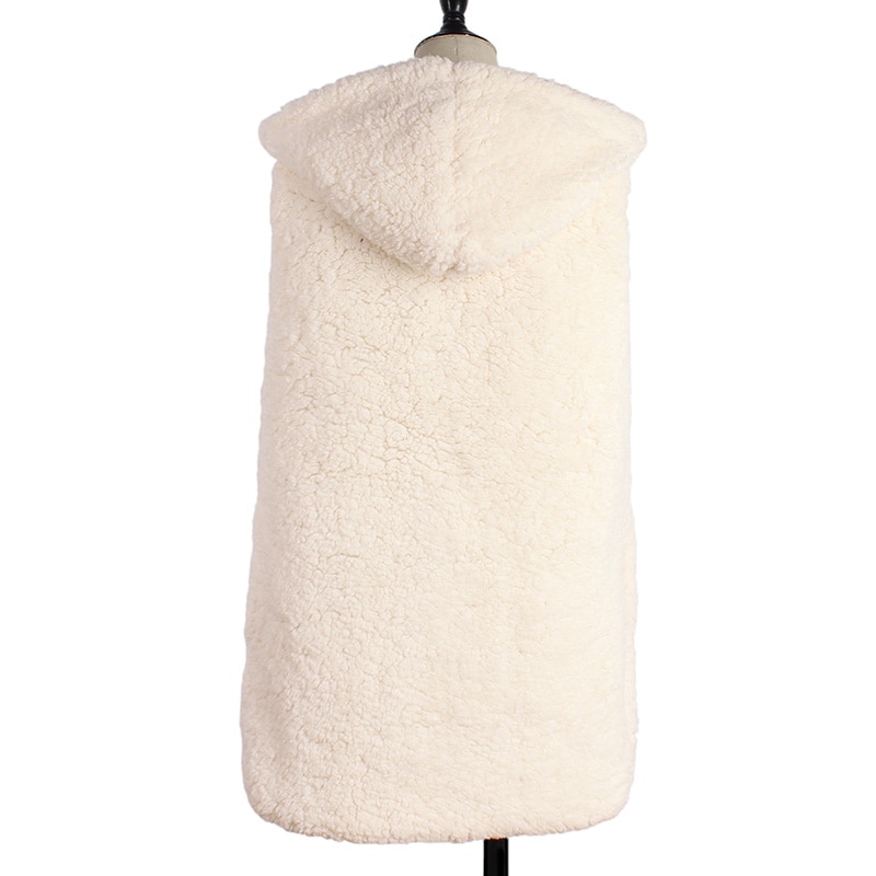 Kvinders beige hvid imiteret pels hættevest efterår vinter afslappet ærmeløse lommer overtøj dame varm fluffy vest