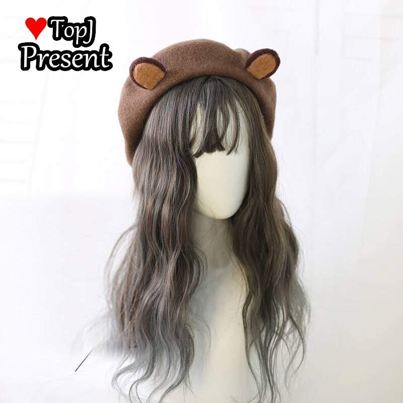 Japanse Zoete Leuke Meisje Super Leuke Baret Beer Oor Wollen Muts Zachte Schattige Beer Oor Veelzijdige Baret: coffee  1