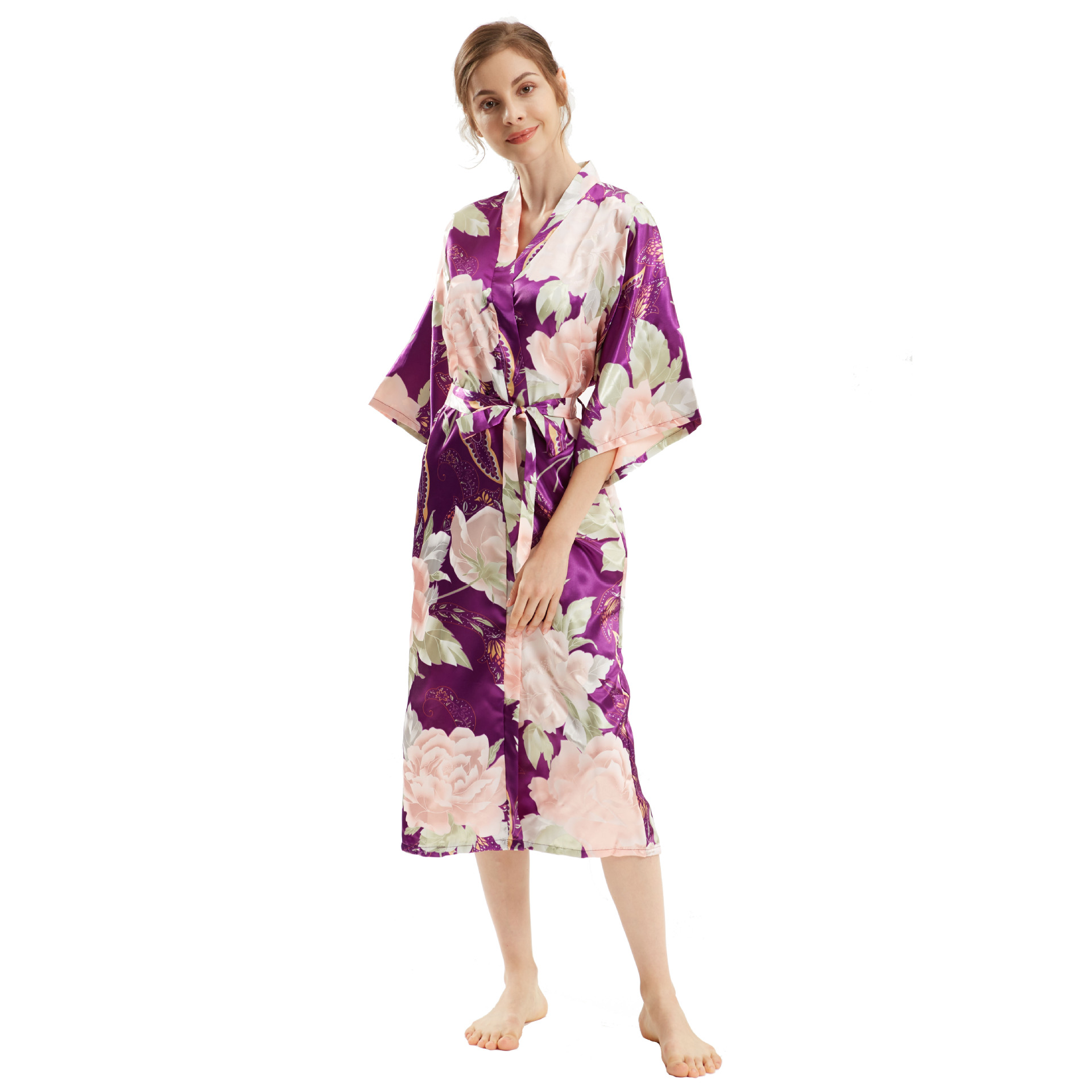 Sexy Bride Bridesmaid Wedding Dressing Woman Kimono Flower Print Satin Silk Yukata Bathing Robe: Blue