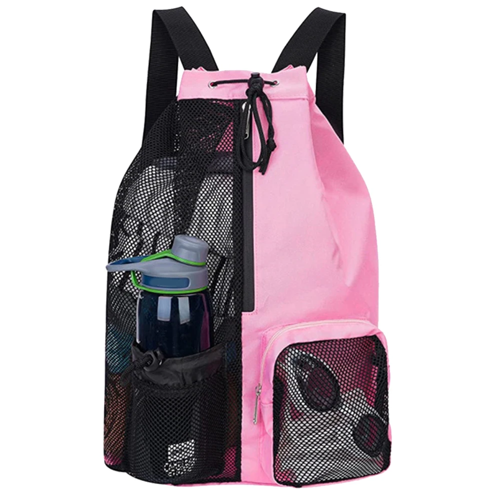 Drawstring Beach Storage Bag Sports Backpacks Basketball Bag Men Women Beach Backpacks Summer Swim Rucksack Mesh Sports Bag: wine red