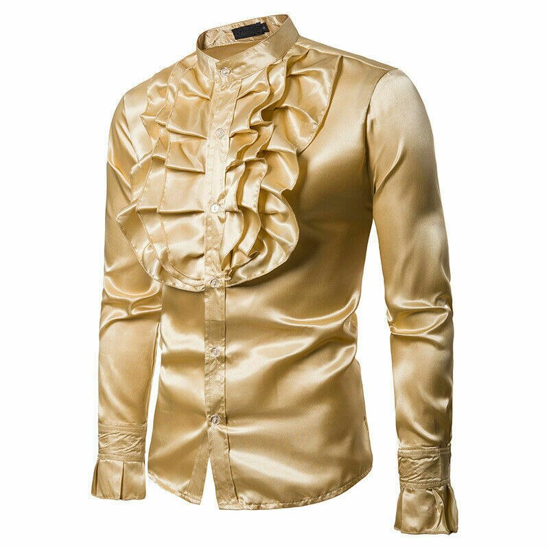 Stilfuld luksus silke skjorte herre satin glat solid smoking skjorte slim fit skinnende guld bryllup tøj skjorter