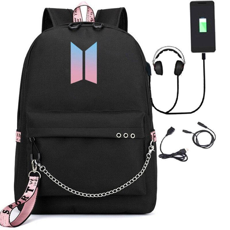 Bangtan niños Rap monstruo JUNG KOOK mochilas JIMIN bolsas de la escuela Mochila bolsas de viaje portátil Mochila con cadena de puerto USB