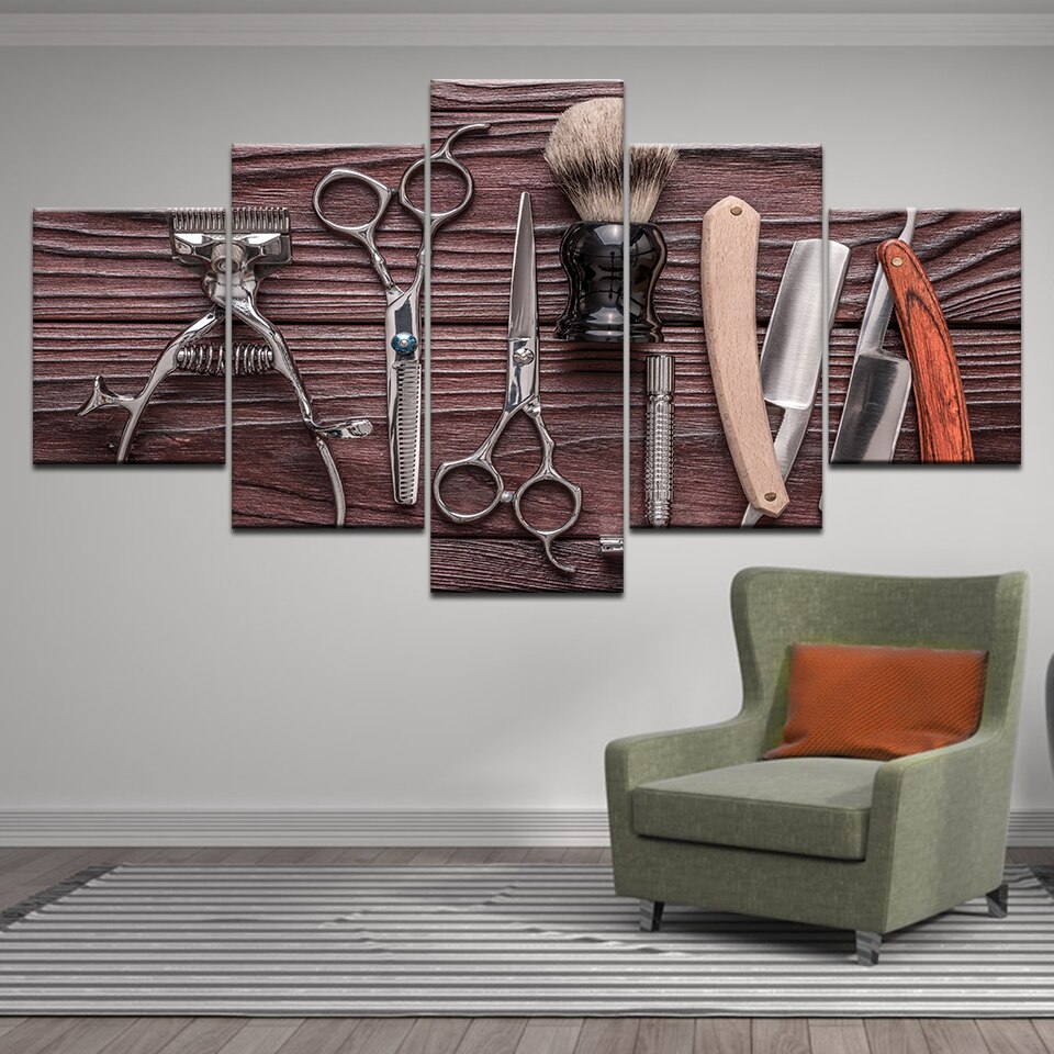 Cópias Da Arte da parede Poster Imagens Modulares 5 Pcs Navalha Tesoura de Cabeleireiro Ferramentas Styling Pintura Da Lona Casa Decoração Salão De Beleza