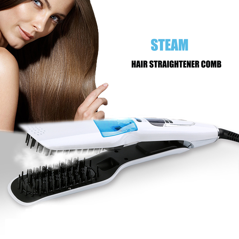 Newest Hair Straightener Brush Brush Comb Salon Wet Dry Fast Ionic Steampod Mist Flat Iron Electric White LCD