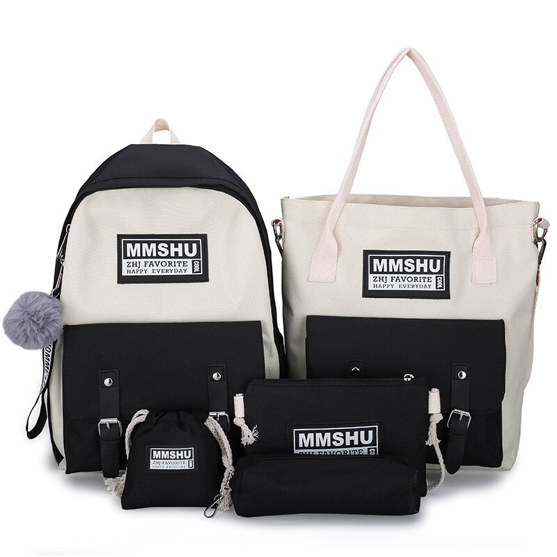 5 pièces/ensemble toile sacs d'école pour adolescentes couleur unie voyage sac à dos femmes Bookbags étudiant sac à dos sac à dos MD0158: B-Black