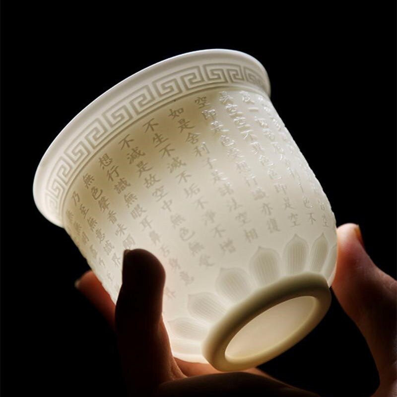 Zen Water Cup Floating Graven Tea Cup White Porcelain Suet Jade Images Heart Sutra Coffee Mug Personal Teacup Collection